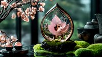 Mystical teardrop terrarium with pink lotus flower and crystal sphere on moss, surrounded by cherry blossoms and traditional tea ceremony elements in zen garden setting.