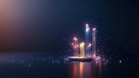 Illuminated modern skyscrapers on waterfront at night with glowing particles creating magical atmosphere for urban landscape photography.