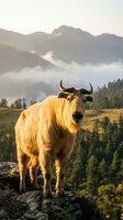 Golden yak standing on rocky outcrop in misty mountain landscape during sunrise with forest valley and dramatic peaks in background for nature photography.
