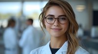 Young female medical professional wearing glasses and white coat smiles warmly at camera in hospital setting with blurred background and natural lighting.