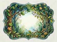 Decorative forest frame with lush green trees, ferns and autumn leaves creating natural border for text or design elements on neutral background.