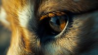 Extreme close-up macro shot of wild animal eye with amber and golden tones, detailed view of iris, pupil and eyelashes showing intricate patterns and textures.