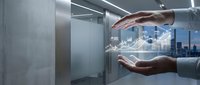 Businessman hands holding glowing holographic stock market chart in modern office, symbolizing financial growth, investment strategy, and data analytics.