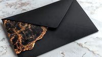 Black envelope with gold marble effect on marble background, elegant stationery design for luxury branding and special occasions. Modern minimal composition.