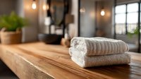 Folded white towels on wooden bathroom counter with soft ambient lighting, creating a spa-like atmosphere for wellness and relaxation content.