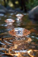 Crystal clear diamonds floating on rippling water surface with golden light reflections, creating luxurious atmosphere for jewelry and luxury marketing.