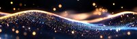 Glowing wave of digital particles with golden light effects and bokeh on dark background creates futuristic technology visualization.
