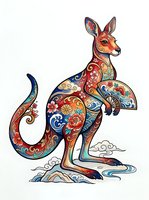 Ornate kangaroo with intricate floral and geometric patterns in warm reds, blues, and golds, isolated on white background. Ready for design use.