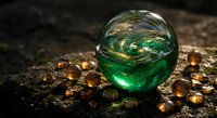Magical green crystal ball with amber glass spheres on textured surface creating mystical atmosphere for fantasy and spiritual concepts.