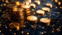Golden cryptocurrency coins stacked on dark surface with glowing bokeh lights and sparkles, creating luxurious financial atmosphere for business and investment concepts.