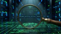 Magnifying glass revealing malware detection alert on digital circuit board with green code and server racks, cybersecurity threat analysis.
