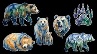 Watercolor bear sticker set isolated on transparent background, featuring grizzly, cub, paw print, and mountain scene, ready for t-shirt design, clipart, and print on demand.