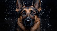 Close up portrait of German Shepherd dog with alert expression and focused gaze against dark background with falling snow or rain drops creating magical atmosphere.