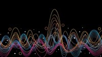 Abstract colorful wave lines flowing across black background with glowing circles and dots creating dynamic digital art pattern for modern design projects.