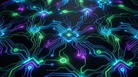 Glowing neon circuit board pattern with interconnected nodes and flowing lines in cyan, purple, and green on dark background. Suitable for tech, AI, and digital design projects.