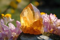 Glowing citrine crystal point with natural formations surrounded by delicate pink spring blossoms on dark stone in sunlight, creating magical atmosphere.