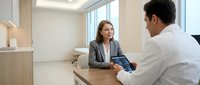 Professional businesswoman consulting with male doctor in modern medical office discussing healthcare solutions and treatment options.