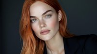 Young Caucasian woman with vibrant red hair and striking blue eyes against dark background, wearing black blazer. Natural makeup emphasizes high cheekbones and full lips. Professional portrait.