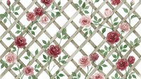 Climbing roses in shades of pink and burgundy with green foliage on diagonal lattice trellis background. Seamless pattern tiles continuously.