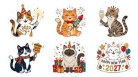 Cartoon cats celebrating holidays and special occasions with party elements, champagne, fireworks, gifts and festive decorations. Isolated clipart suitable for greeting cards, invitations, t-shirts and design projects.