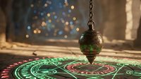 Ornate brass pendulum swinging over mystical divination circle with glowing symbols. Fortune telling, spiritual guidance, and esoteric practices concept.