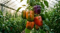 Colorful bell peppers growing on plant in greenhouse, organic vegetable farming and sustainable agriculture concept for healthy food production.