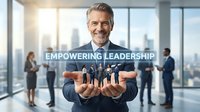 Confident middle-aged Caucasian businessman in suit holding miniature people figures in modern office, representing empowering leadership and team management concepts.