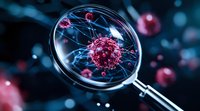 Magnifying glass revealing detailed structure of virus cell with spikes in blue and pink colors against dark background, scientific research concept.