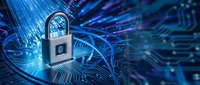 Digital security padlock on futuristic circuit board with glowing blue data streams and cyber network connections for technology protection concepts.