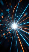 Dynamic light burst with radial blue and orange rays emanating from bright center creating explosive energy effect with bokeh particles on dark background.
