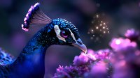 Majestic peacock with iridescent blue plumage and glowing purple crown feathers surrounded by magical pink bokeh lights and sparkling particles, perfect for fantasy and nature designs.