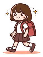 Cute Asian schoolgirl with bob haircut and red backpack walking cheerfully in uniform. Kawaii cartoon character on isolated background for educational design.