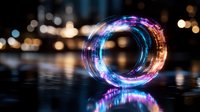 Glowing neon circle with blue and purple light trails reflecting on dark water surface against blurred city lights bokeh background, futuristic portal effect.