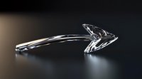 Sleek transparent glass arrow pointing right on dark background with dramatic lighting and reflective surface, modern minimalist design element.