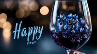 Elegant wine glass with red wine reflecting blue floral elements against blurred bokeh lights background with happy hour text, creating moody restaurant ambiance.