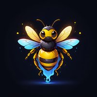 Glowing cartoon bee character with striped body and translucent wings floating on dark background with magical blue aura and sparkle effects. Suitable for mascot or game design.