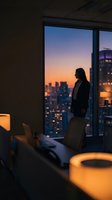 Woman in business attire standing by high-rise window at sunset, silhouetted against illuminated cityscape. Corporate office setting with urban skyline view for business, leadership, ambition themes.