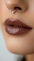 Close-up of glossy brown lips with silver septum nose ring piercing featuring small crystal detail, showcasing modern beauty and fashion trends on light skin tone.