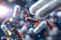 Medical capsules and pills floating in space with glowing light effects and bokeh background, pharmaceutical and healthcare concept for drug development.