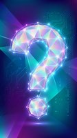 Digital question mark with geometric polygonal design and glowing neon lights on futuristic technology background for business presentations.