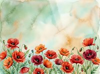 Watercolor red poppies blooming along the bottom of a soft teal and warm beige background, perfect for cards, prints, and wall art.