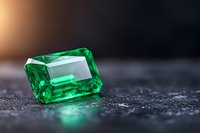 Emerald cut precious gemstone with vibrant green color on dark textured surface. Luxury jewelry stone with brilliant facets catching light and creating glow.