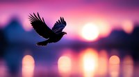 Eagle soaring against vibrant sunset sky with purple and pink hues over water, silhouette bird flying at golden hour for nature and wildlife concepts.