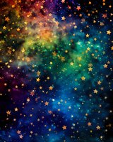 Magical starry night sky with golden stars scattered across colorful cosmic nebula in blue, green, and purple hues. Dreamy celestial background for fantasy designs.