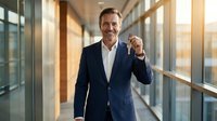 Confident middle-aged Caucasian businessman in navy suit holding keys in modern office corridor with warm sunlight streaming through windows.