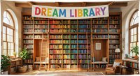 Cozy library interior with colorful rainbow bookshelves, wooden ladder, reading chairs and natural light from arched windows for educational content.