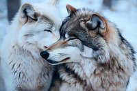 Two gray wolves showing affection and bonding behavior in winter, close-up portrait showing detailed fur texture and intimate interaction between pack members.