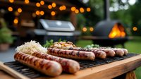 Grilled sausages and bratwurst on wooden cutting board with sauerkraut, outdoor barbecue setting with bokeh lights and pizza oven in background.