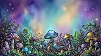 Whimsical alien landscape with glowing mushrooms, swirling plants, and starry sky in purple, teal, and gold tones. Fantasy artwork for creative projects and imaginative designs.