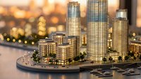Miniature architectural scale model of modern waterfront skyscrapers glowing at sunset, showcasing urban real estate development and city planning design.
